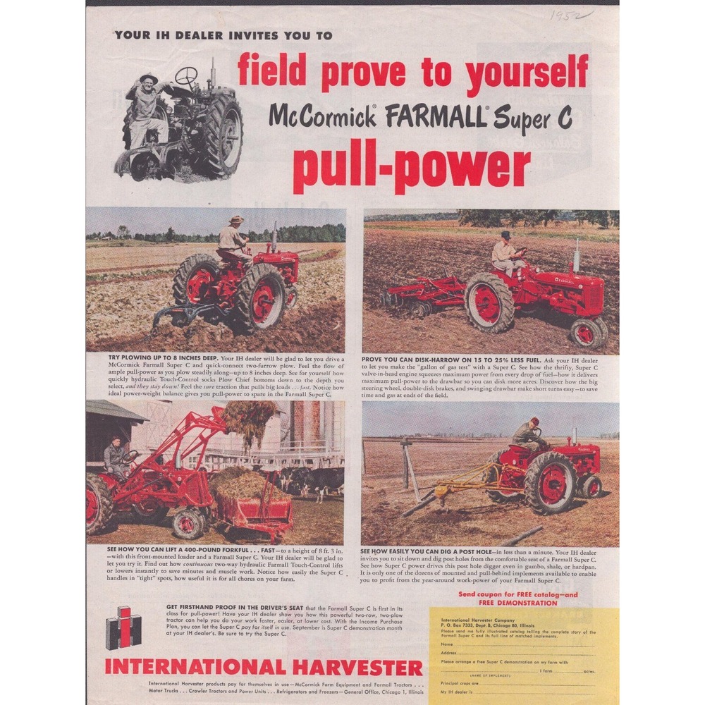 1952 International Harvester McCormick Farmall Super C Tractor Vintage Print Ad
